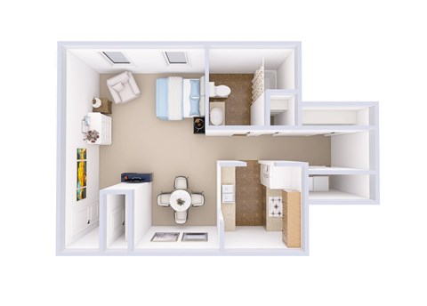 A white model of a house with a kitchen, living room, and bathroom.